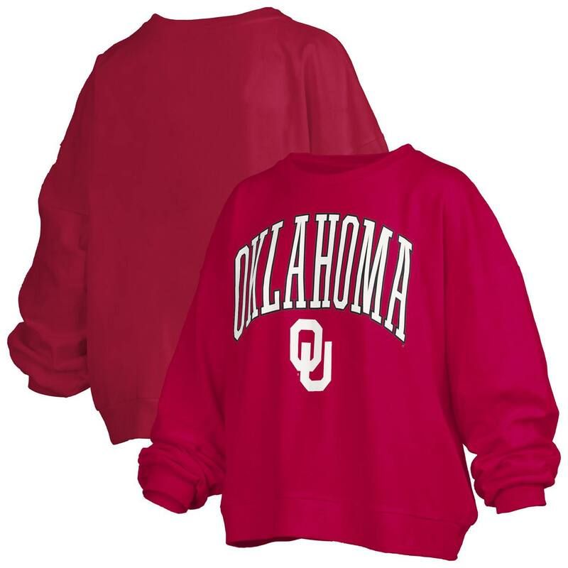 プレスボックス レディース アウター パーカー・スウェット シャツ ロゴ Womens Pressbox Crimson Oklahoma Sooners Janise Arch Over Logo Waist Length Oversized Pullove