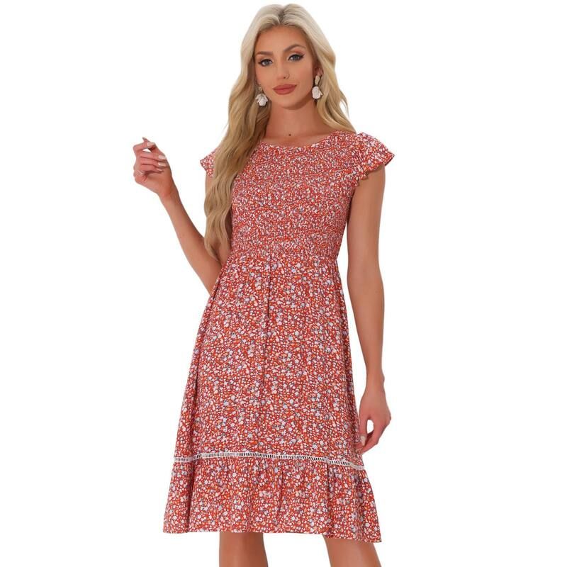 アレグラ ケー レディース トップス ワンピース フラワー柄 ミディ シャーリング フラワー ALLEGRA K Womens Fit And Flare Summer Floral Midi Smockedress Red レッド
