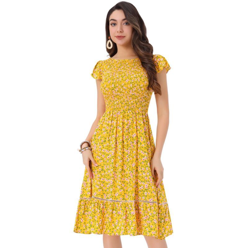 アレグラ ケー レディース トップス ワンピース フラワー柄 ミディ シャーリング フラワー ALLEGRA K Womens Fit And Flare Summer Floral Midi Smockedress Yellow イエロー
