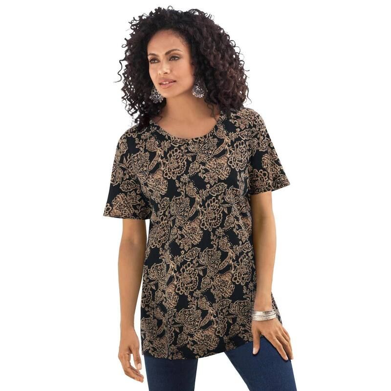 ロアマンズ レディース トップス Tシャツ クルーネック プラスサイズ コットン Roamans Womens Plusize Cotton Ultimate Crewneck Tee Black Lacey Batik ブラック
