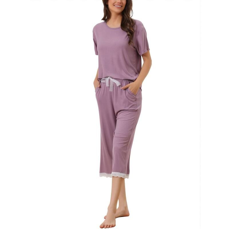 cheibear レディース アンダーウェア ナイトウェア レーストリム レース cheibear Womens Modaloose Summer Pajama Set Lace Trim Short Sleeve Carpri Sleepwear Purpl