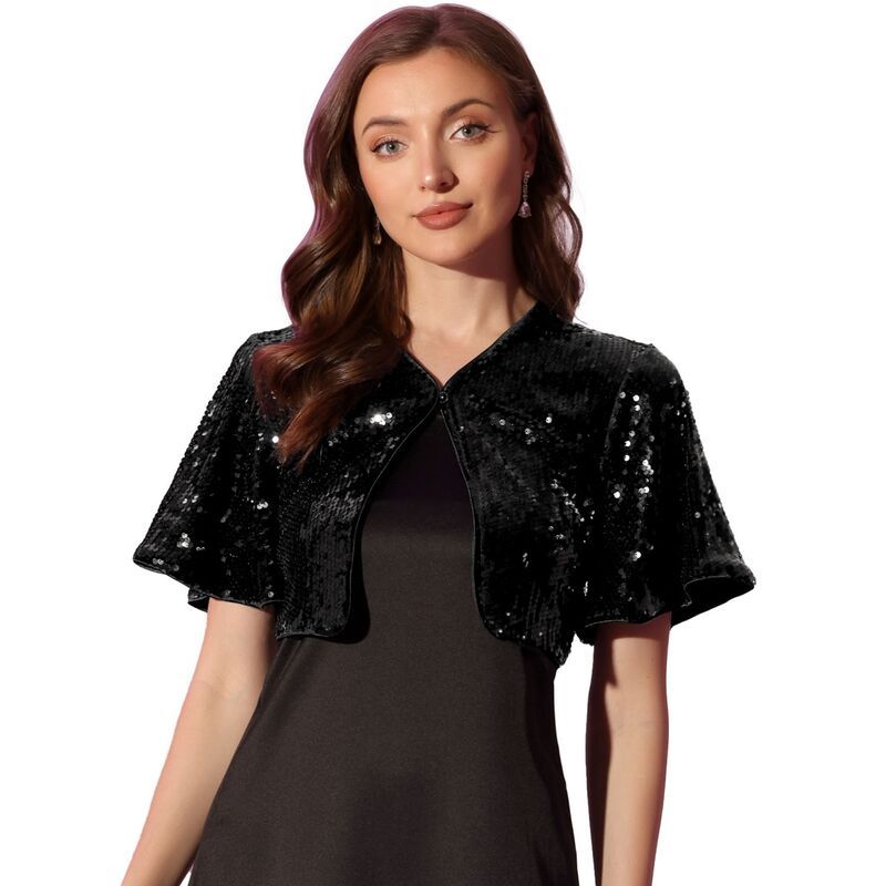 アレグラ ケー レディース アウター ニット・セーター スパンコール ジャケット ALLEGRA K Sequin Shrug Bolero For Womens Flared Sleeve Crop Sparkly Glitter Jackets Black
