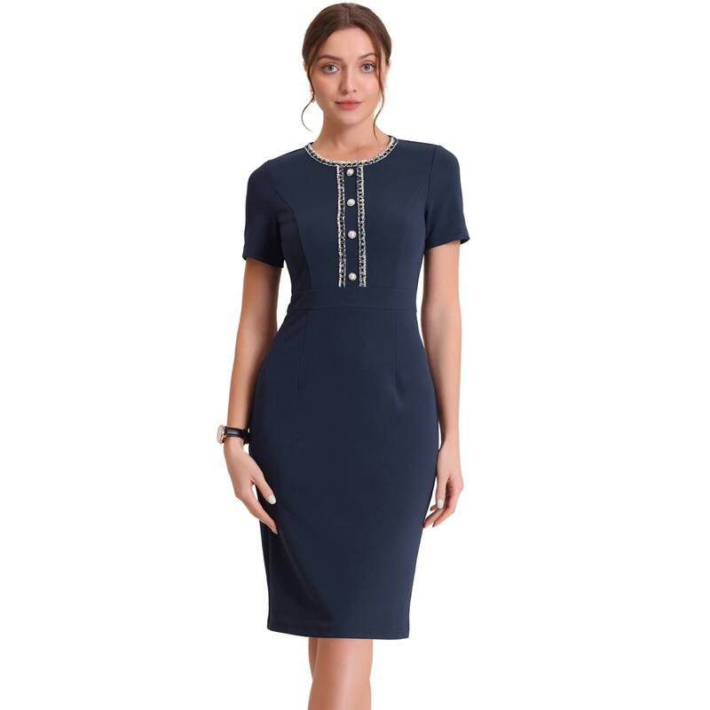 アレグラ ケー レディース トップス ワンピース ツイード ALLEGRA K Womens Work Business Tweed Trim Round Neck Short Sleeve Sheath Dresses Navy Blue ネイビー 12,195円