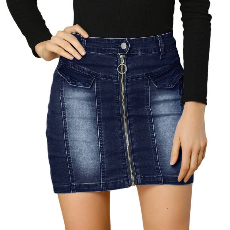 アレグラ ケー レディース ボトムスカート スリムフィット ハイウエスト ミニ デニム ALLEGRA K Womens Denim Skirts Zip Front Slim Fit High Waist Mini Jean Skirt Dark Blue