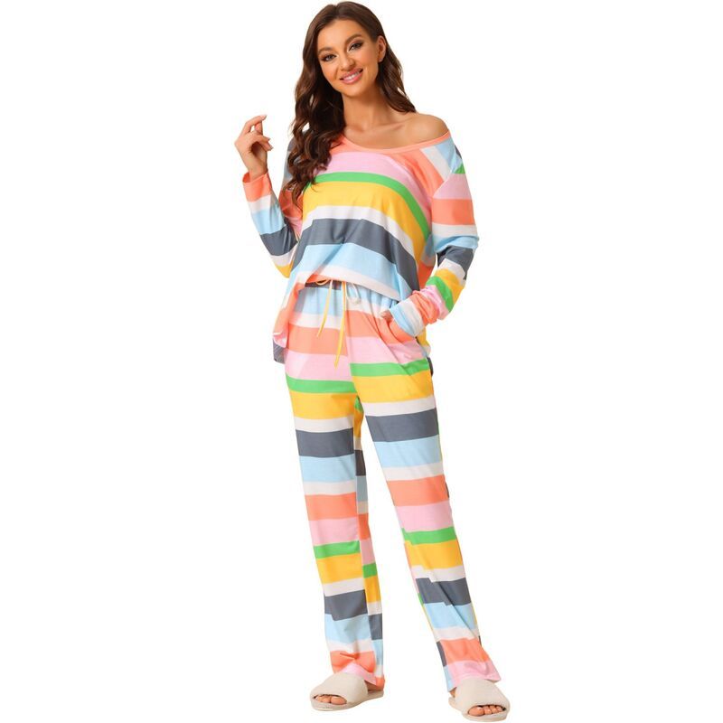 cheibear レディース アンダーウェア ナイトウェア パンツ コットン cheibear Womens Lounge Cotton Outfits Rainbow Long Sleeves With Pantstripe Pajama Set Yello