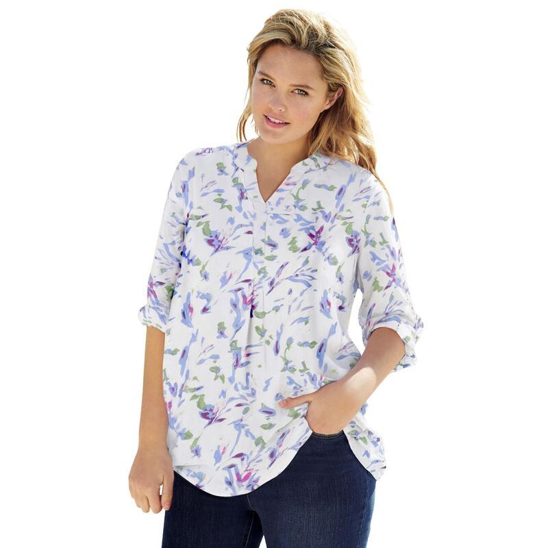 ウーマン ウィズイン レディース トップス Tシャツ プラスサイズ Woman Within Plusize Rayon 7Day ThreeQuarter Sleeve TabFrontunic White Misty Floral ホワイト