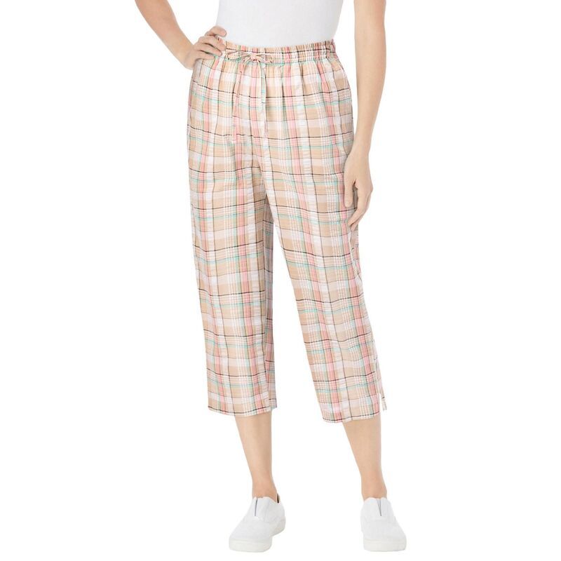 ウーマン ウィズイン レディース ボトムス カジュアルパンツ プラスサイズ キャップ Woman Within Plusize Seersucker PullOn ElasticWaist Capri Pants New Khaki Plaid カーキ