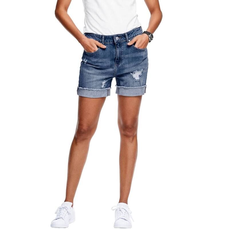 Ellos レディース ボトムス ハーフパンツ・ショーツ プラスサイズ ショートパンツ ellos Plusize MidRise Stretch Frayed Cuff Hem Shorts Medium Blue Distressed ブルー