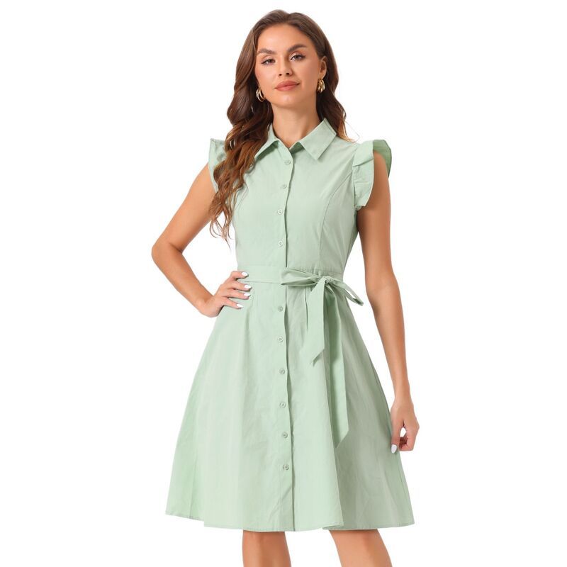 アレグラ ケー レディース トップス ワンピース ボタンダウン ひざ丈 フリル シャツ ダウン ALLEGRA K Womens Work Ruffled Sleeve Button Down Belted Knee Length Shirt Dressage