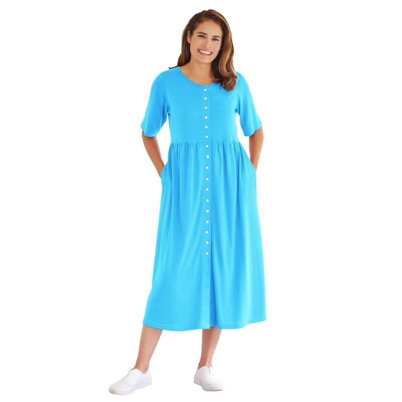 ウーマン ウィズイン レディース トップス ワンピース プラスサイズ プチ Woman Within Plusize Petite ButtonFront Essential Dress Blue Paradise ブルー