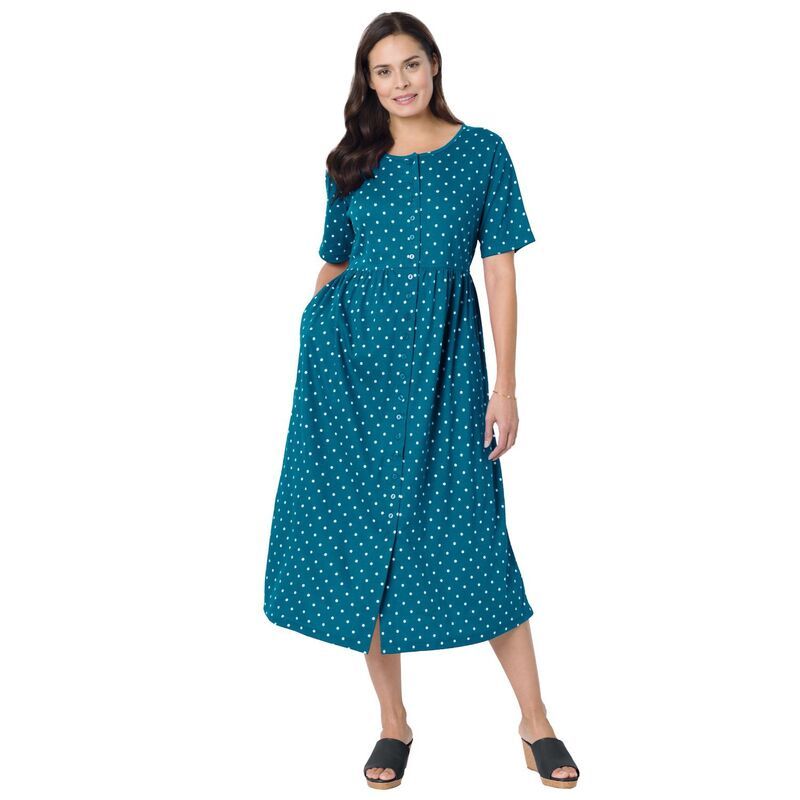 ウーマン ウィズイン レディース トップス ワンピース プラスサイズ プチ Woman Within Plusize Petite ButtonFront Essential Dress Deep Teal Polka Dot ティール