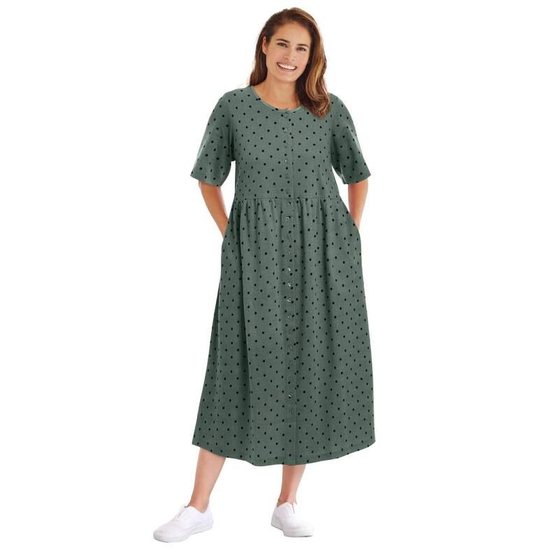 ウーマン ウィズイン レディース トップス ワンピース プラスサイズ プチ Woman Within Plusize Petite ButtonFront Essential Dress Pine Polka Dot ドット