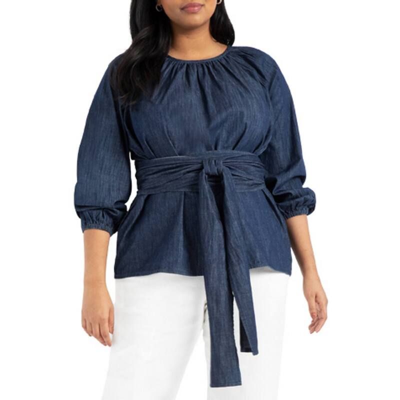 エロクイ レディース トップス Tシャツ プラスサイズ ELOQUII Womens Plusize Dramatic Faux Wrap Top Dark Wash