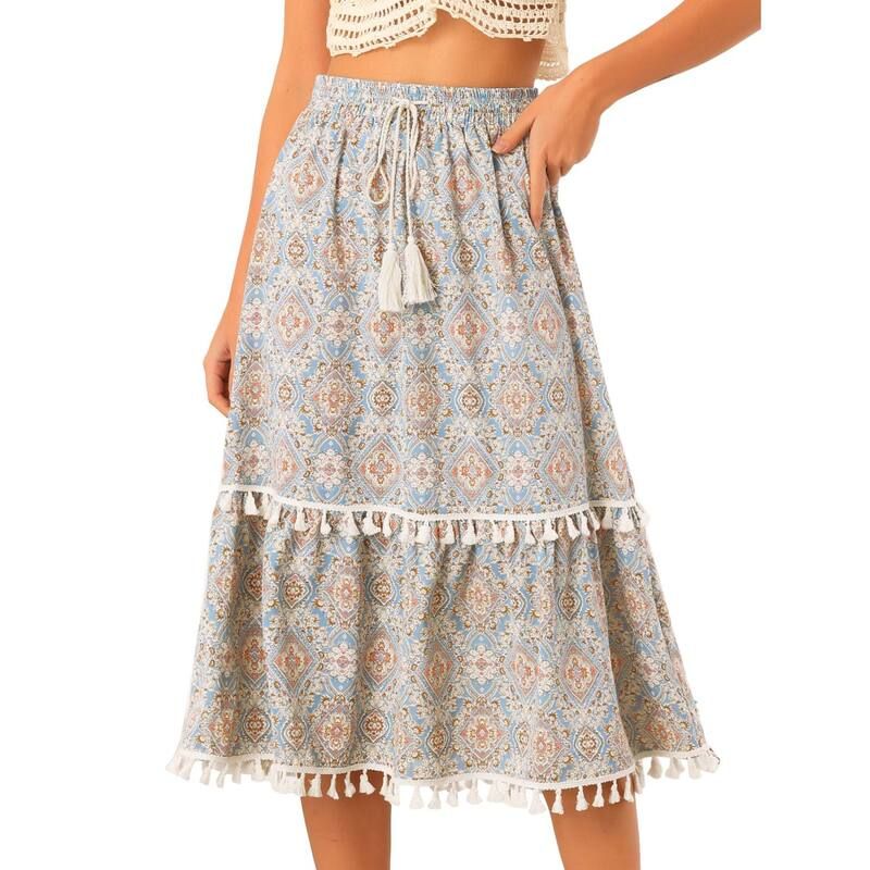 アレグラ ケー レディース ボトムスカート ヴィンテージ ティアード プリント フリンジ ALLEGRA K Womens Vintage Printed Elastic Waistiered Tassel Fringe Skirt Blue ブルー