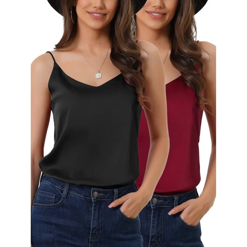 cheibear レディース アンダーウェア ナイトウェア サテン シルク cheibear Womens 2 Pack Satin Cami Silky Strap Top Lounge Pajama Camisole Red Black ブラック