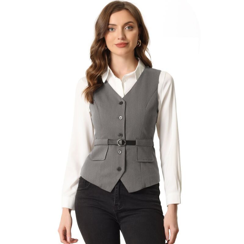アレグラ ケー レディース アウター ジャケット・ブルゾン Vネック ベスト ALLEGRA K Button Front Closure Vest For Women V Neck Belted Pockets Grey グレー