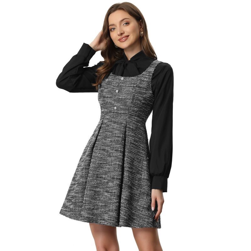 アレグラ ケー レディース トップス ワンピース ツイード ノースリーブ ALLEGRA K Tweedress for Womensleevelessquare Neck Plaid Fit and Flare Dress Black ブラック