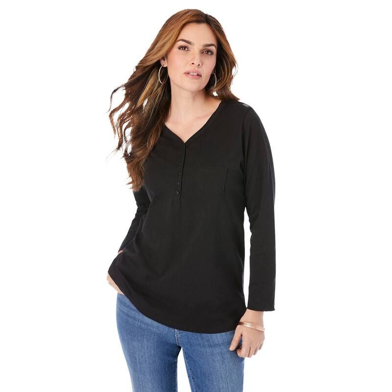 ロアマンズ レディース トップス Tシャツ プラスサイズ Roamans Womens Plusize Ultimate Long Sleeve Henley Tee With Sweetheart Neck Black ブラック