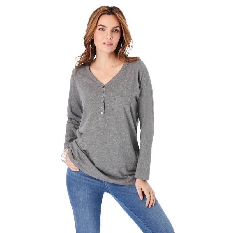 ロアマンズ レディース トップス Tシャツ プラスサイズ Roamans Womens Plusize Ultimate Long Sleeve Henley Tee With Sweetheart Neck Medium Heather Grey グレー