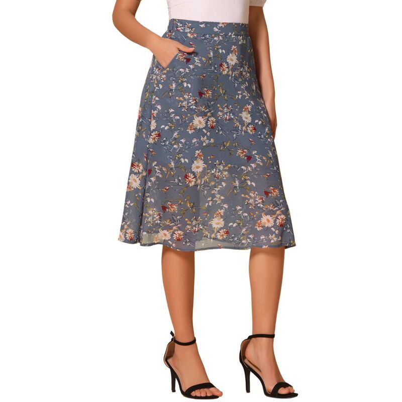 アレグラ ケー レディース ボトムスカート シフォン A ライン ミディ ALLEGRA K Womens Flare Below Knee Chiffon Flowy Waistband A Line Midi Skirt Gray Blue グレー