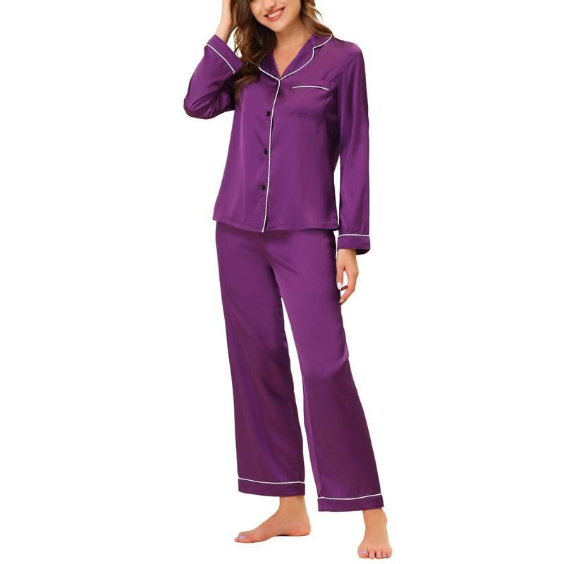 cheibear レディース アンダーウェア ナイトウェア パンツ サテン cheibear Womens Pajama Loungewear Long Sleeves Tops and Pantsatin Sets Purple パープル