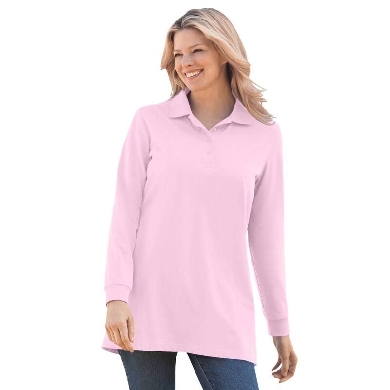 ウーマン ウィズイン レディース トップス Tシャツ ポロシャツ プラスサイズ 長袖 Woman Within Plusize LongSleeve Polo Shirt Pink ピンク