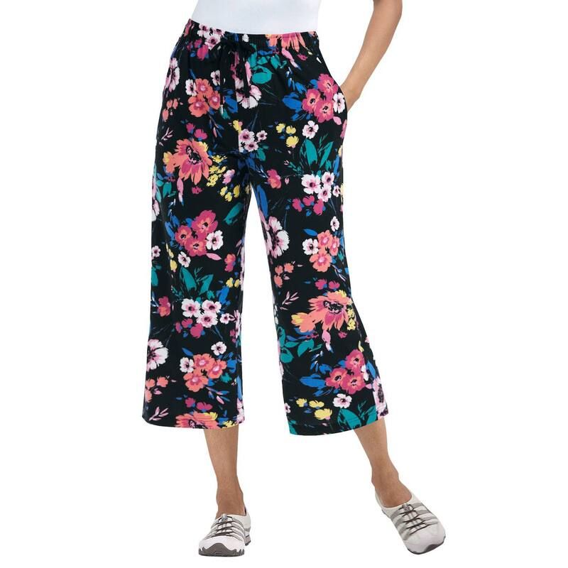 ウーマン ウィズイン レディース ボトムス カジュアルパンツ プラスサイズ プチ キャップ ニット Woman Within Plusize Petite SportKnit PullOn Capri Pants Black Multi Floral ブラック
