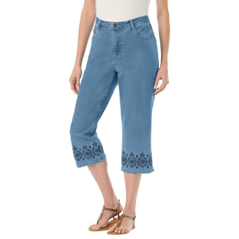 ウーマン ウィズイン レディース ボトムス カジュアルパンツ プラスサイズ プチ デニム キャップ ジーンズ Woman Within Plusize Petite Stretch Denim FivePocket Capri Jeans Light Ston