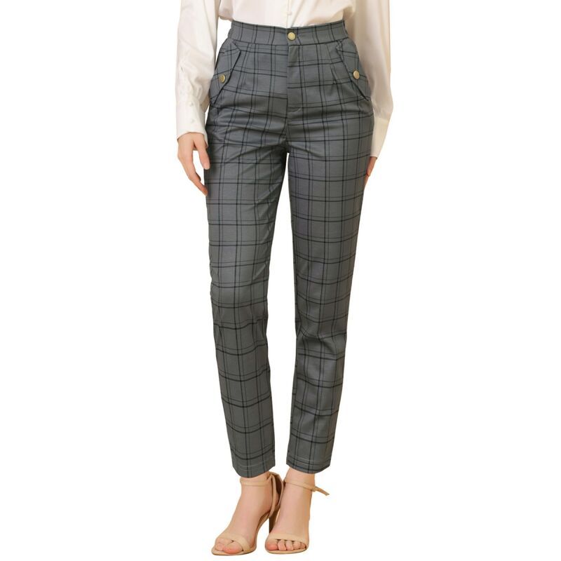 アレグラ ケー レディース ボトムス カジュアルパンツ ハイウエスト ALLEGRA K Womens Tartan Plaid Pants Elastic High Waistraight Long Trousers Grey グレー 11,385円