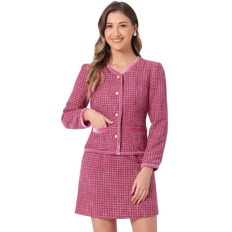 アレグラ ケー レディース アウター ジャケット・ブルゾン ツイード スカート ブレザー ALLEGRA K Womens Outfitset Plaid Tweed Short Blazer Jacket And Skirt Sets Hot Pink ピン