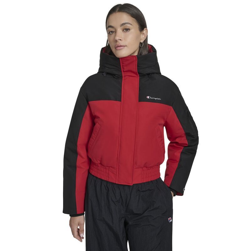 チャンピオン レディース アウター ジャケット・ブルゾン クロップド Juniors Champion Cropped Hooded Ski Bomber Jacket Black Red ブラック