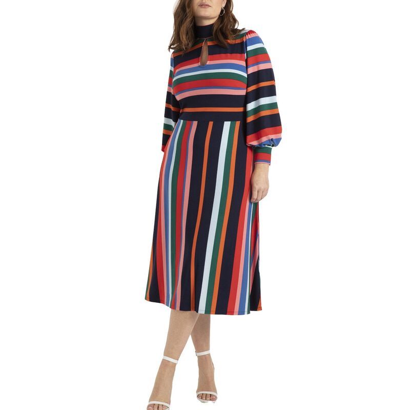 エロクイ レディース トップス ワンピース A ライン プラスサイズ ELOQUII Womens Plusize ALine Dress With Sleeves Rainbow Stripe ストライプ