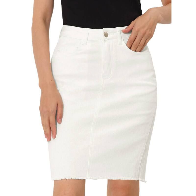 アレグラ ケー レディース ボトムスカート ひざ丈 ハイウエスト デニム ALLEGRA K Womens Distressed High Waist Ripped Hem Knee Length Denim Skirt White ホワイト 11,610円