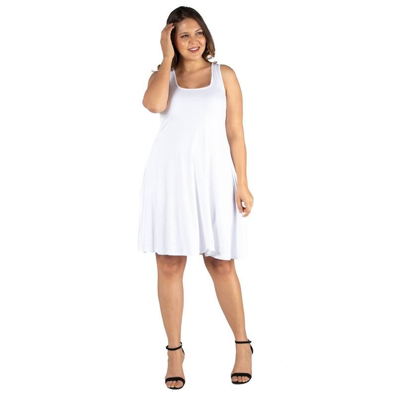 24 セブンコンフォート レディース トップス ワンピース ひざ丈 プラスサイズ Plusize 24seven Comfort Apparel Fit and Flare Knee Length Tank Top Dress White ホワイト