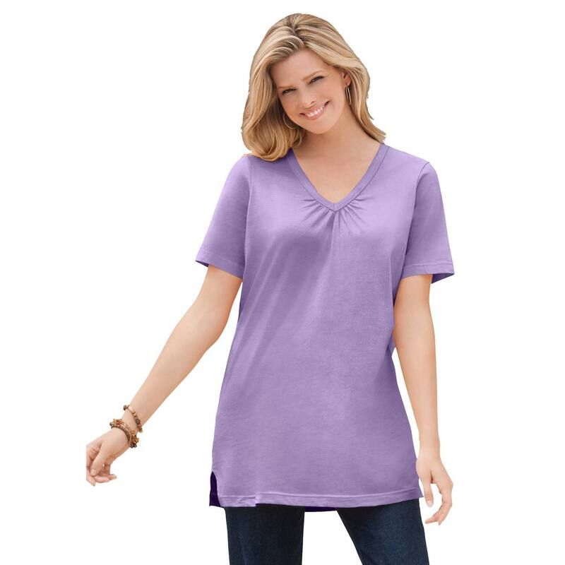 ウーマン ウィズイン レディース トップス Tシャツ Vネック プラスサイズ 半袖 Woman Within Plusize Perfect ShortSleeve Shirred VNeck Tunic Soft Iris
