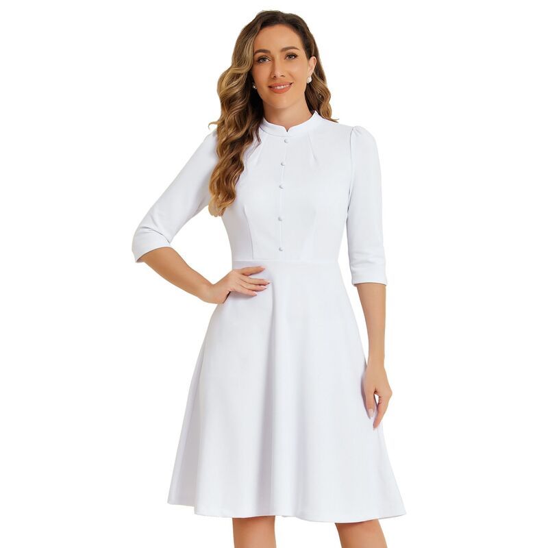 アレグラ ケー レディース トップス ワンピース A ライン ALLEGRA K Sheath Dresses for Womens 34 Sleevestand Collar Elegant Business ALine Dress White ホワイト