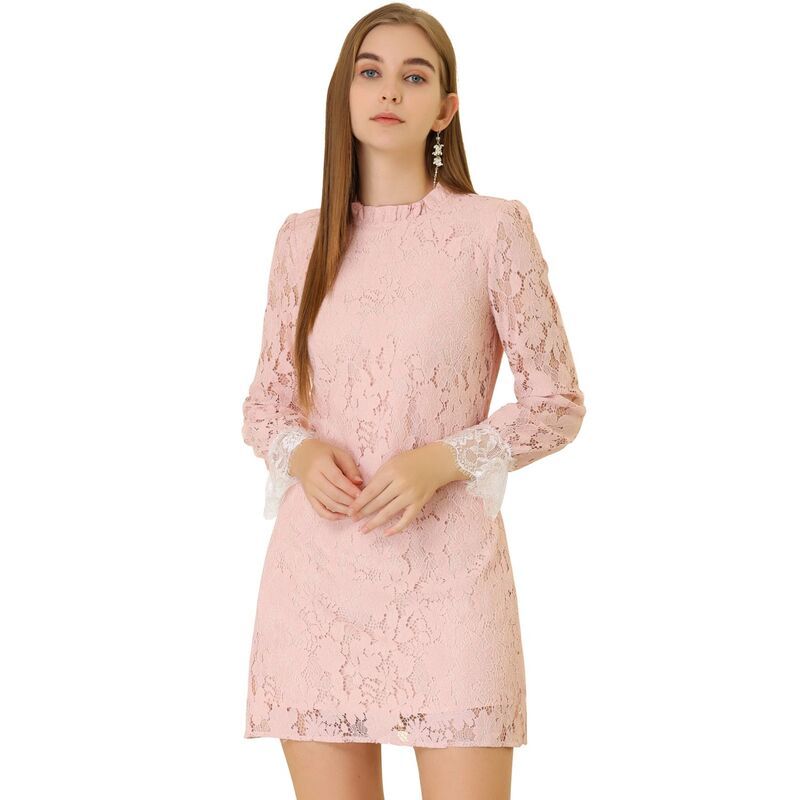 アレグラ ケー レディース トップス ワンピース クルーネック フラワー柄 フリル ミニ レース フラワー ALLEGRA K Womens Ruffle Crew Neck Long Sleeves Floralace Casual Mini Dress P