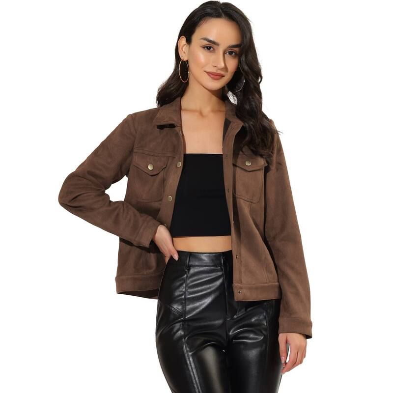 アレグラ ケー レディース アウター ジャケット・ブルゾン スエード ALLEGRA K Womens Jackets Long Sleeve Faux Suede Trucker Motorcycle Jacket Coffee コーヒー
