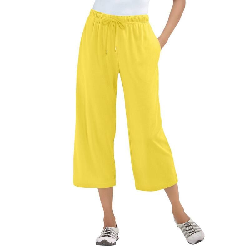 ウーマン ウィズイン レディース ボトムス カジュアルパンツ プラスサイズ キャップ ニット Woman Within Plusize SportKnit PullOn Capri Pants Primrose Yellow イエロー