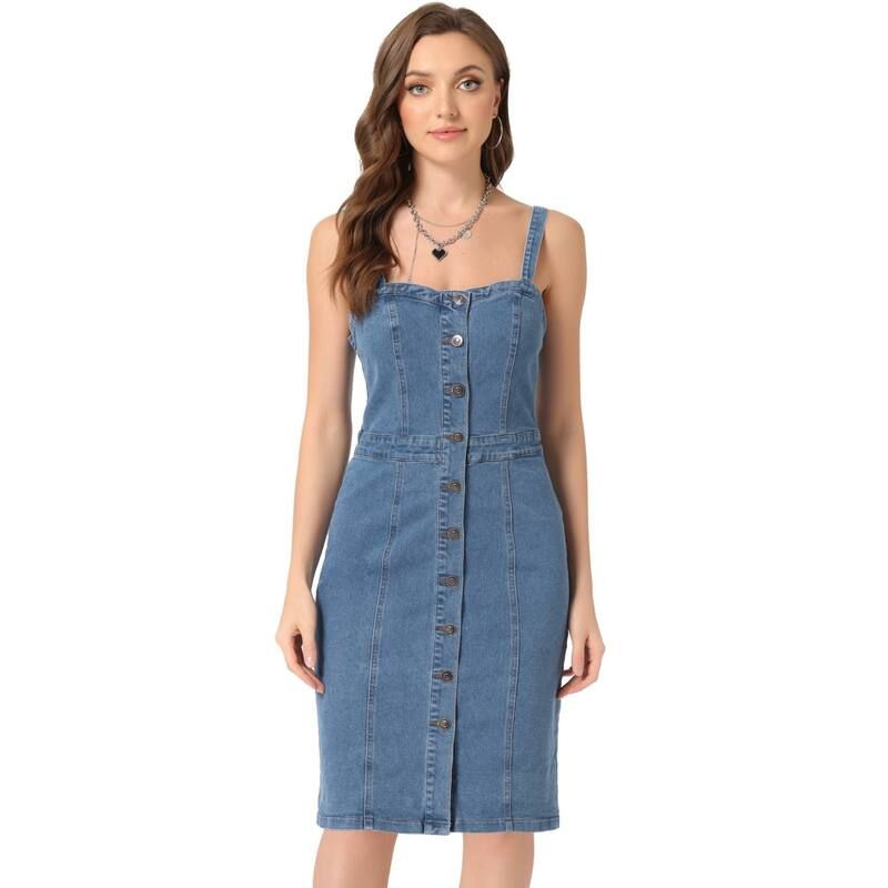 アレグラ ケー レディース トップス ワンピース ボタンダウン ノースリーブ ダウン デニム ALLEGRA K Button Down Denim Dress for Womensleevelessweetheart Neck Jean Dresses Li