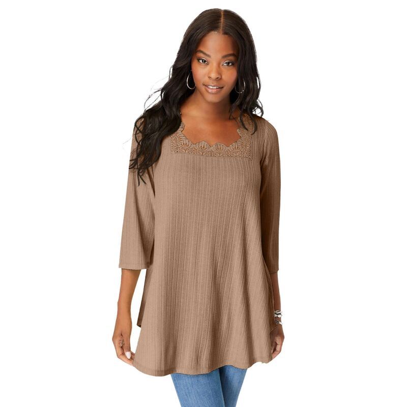 ロアマンズ レディース トップス Tシャツ プラスサイズ Roamans Womens Plusize Squareneck Pointelle Top Brown Sugar ブラウン