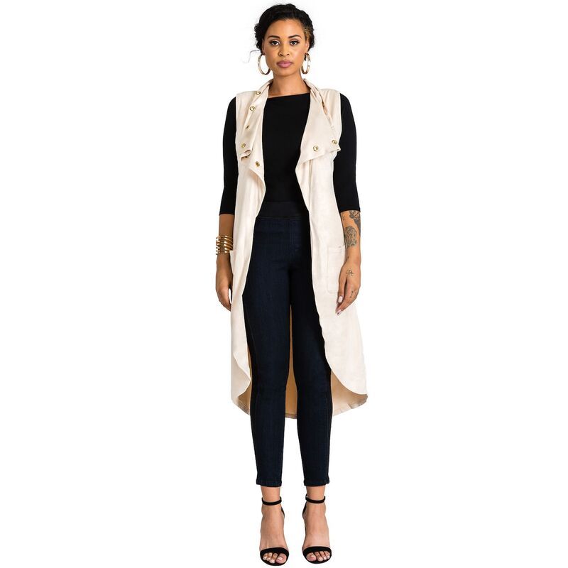 ポエティック ジャスティス レディース アウター ジャケット・ブルゾン スエード ノースリーブ コート Poetic Justice Curvy Womensuede Sleeveless Grommet Lapels Duster Coat Champagn