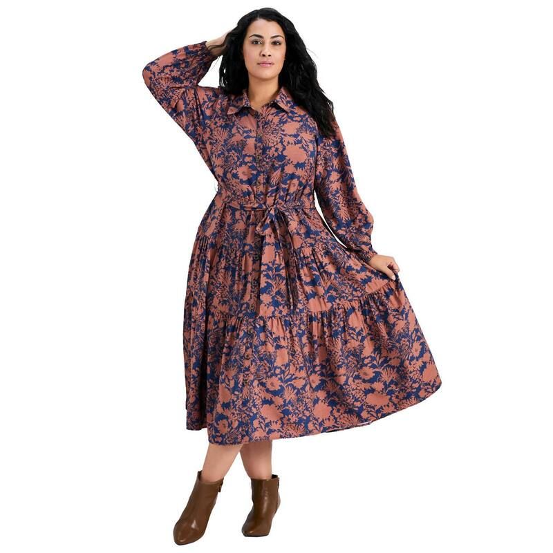 アベニュー レディース トップス ワンピース ティアード プラスサイズ シャツ Avenue Womens Plusize Marianne Tiered Shirtdress Whimsy Floral