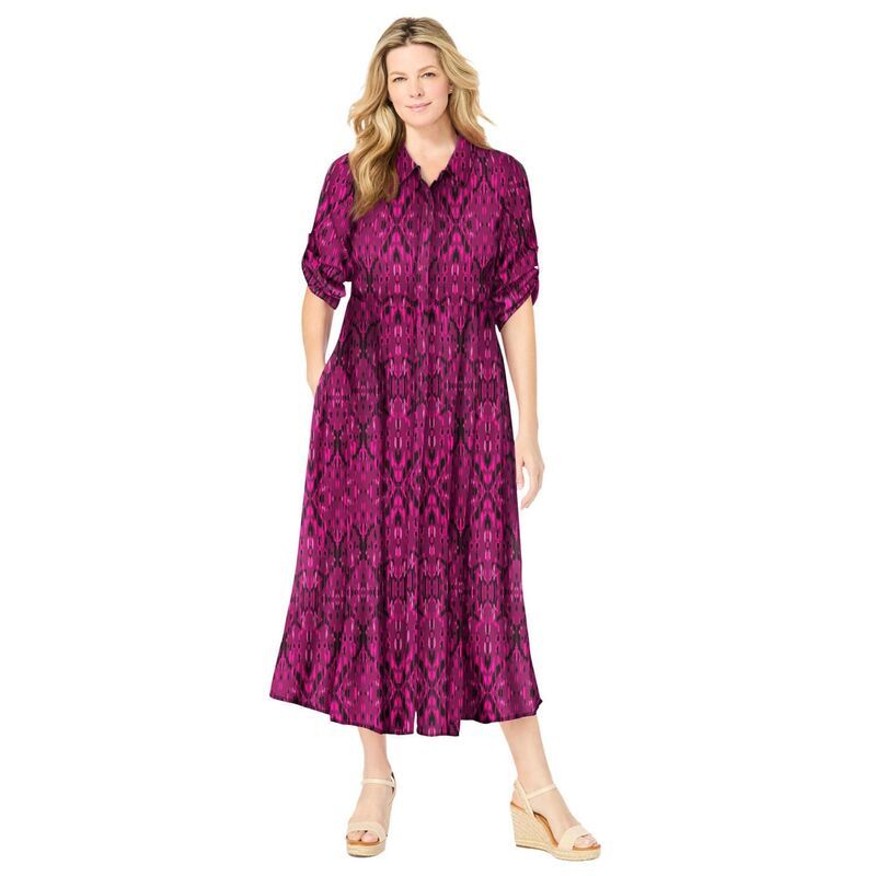 ウーマン ウィズイン レディース トップス ワンピース プラスサイズ プチ シャツ Woman Within Plusize Petite RollTab Sleeve Crinkle Shirtdress Deep Claret Batik