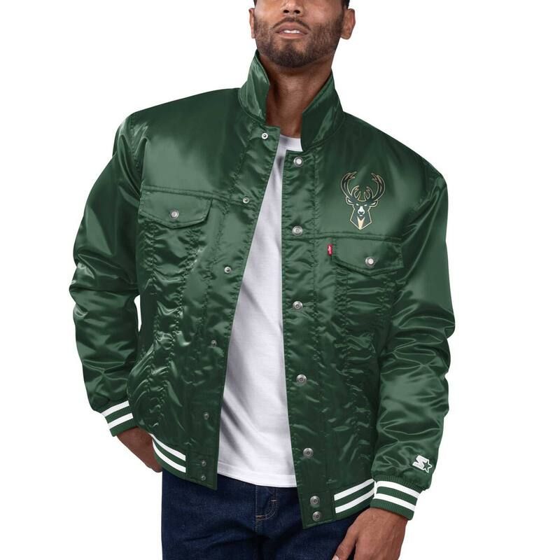 スターター メンズ アウター ジャケット・ブルゾン サテン Menstarter x Levis Hunter Green Milwaukee Bucksilver Label Trucker Satin FullSnap Jacket Buk Multi マ