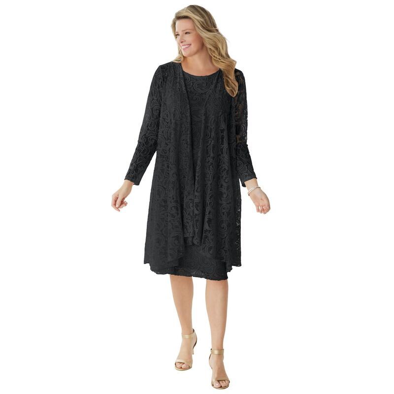 ウーマン ウィズイン レディース トップス ワンピース プラスサイズ レース ジャケット Woman Within Womens Plusize 2 Piece Lace Jacket Dress Black ブラック