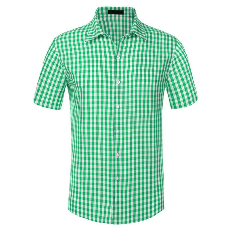 Lars Amadeus メンズ トップス Tシャツ Lars Amadeus Checked Shirts For Menshort Sleeves Button Formal Plaid Tartan Dresshirt Green グリーン