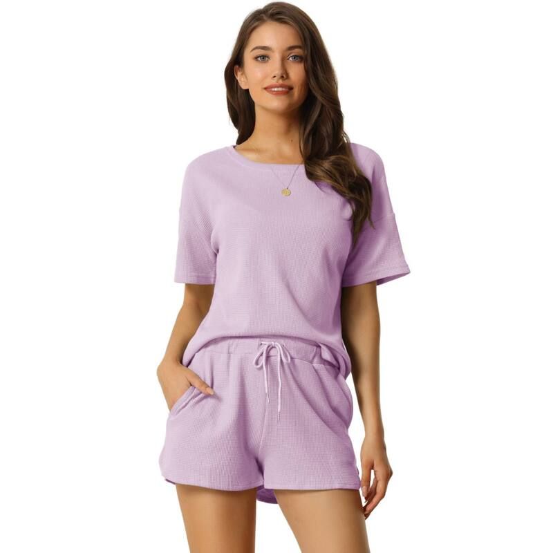 cheibear レディース アンダーウェア ナイトウェア ショートパンツ ニット cheibear Womenshort Sleeve Pullover Top with Shorts Casual Waffle Knit Loungewear Set Pu