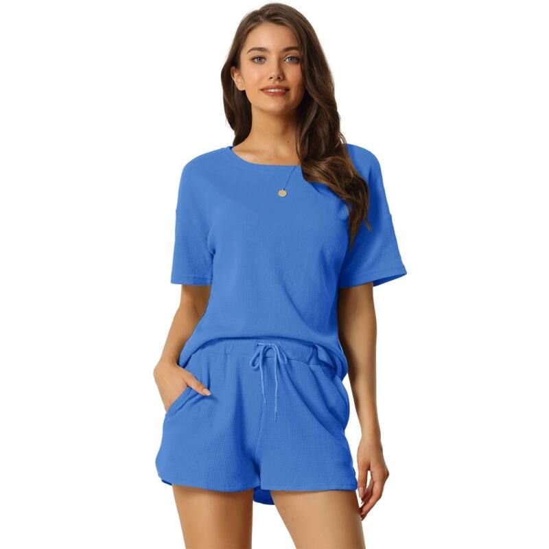 cheibear レディース アンダーウェア ナイトウェア ショートパンツ ニット cheibear Womenshort Sleeve Pullover Top with Shorts Casual Waffle Knit Loungewear Set Ro