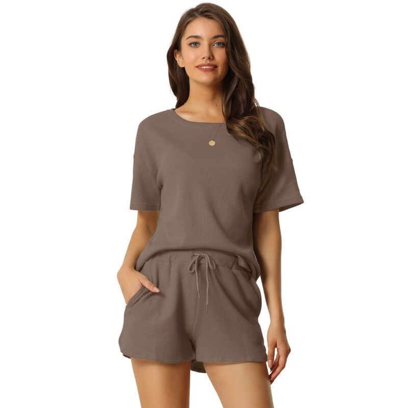cheibear レディース アンダーウェア ナイトウェア ショートパンツ ニット cheibear Womenshort Sleeve Pullover Top with Shorts Casual Waffle Knit Loungewear Set Li